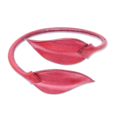 Leather wrap bracelet, 'Forest Embrace in Crimson' - Leafy Leather Wrap Bracelet in Crimson from Thailand