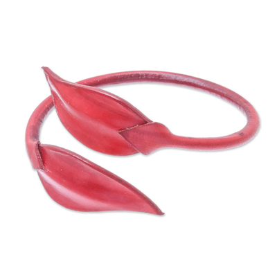 Leather wrap bracelet, 'Forest Embrace in Crimson' - Leafy Leather Wrap Bracelet in Crimson from Thailand