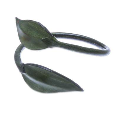 Leather wrap bracelet, 'Forest Embrace in Olive' - Leafy Leather Wrap Bracelet in Olive from Thailand