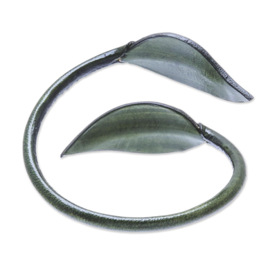 Leather wrap bracelet, 'Forest Embrace in Olive' - Leafy Leather Wrap Bracelet in Olive from Thailand