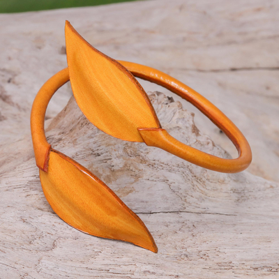 Leather wrap bracelet, 'Forest Embrace in Saffron' - Leafy Leather Wrap Bracelet in Saffron from Thailand