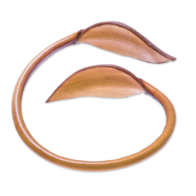 Leather wrap bracelet, 'Forest Embrace in Saffron' - Leafy Leather Wrap Bracelet in Saffron from Thailand