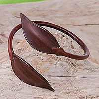 Leather wrap bracelet, 'Forest Embrace in Chestnut' - Leafy Leather Wrap Bracelet in Chestnut from Thailand