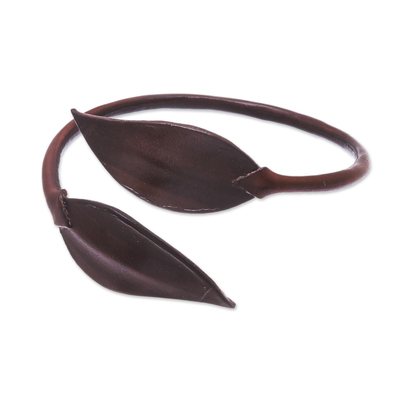 Leather wrap bracelet, 'Forest Embrace in Chestnut' - Leafy Leather Wrap Bracelet in Chestnut from Thailand