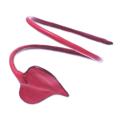 Leather wrap bracelet, 'Heart Leaf in Crimson' - Leaf-Themed Leather Wrap Bracelet in Crimson from Thailand