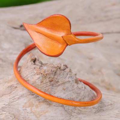 Leather wrap bracelet, 'Heart Leaf in Saffron' - Leaf-Themed Leather Wrap Bracelet in Saffron from Thailand