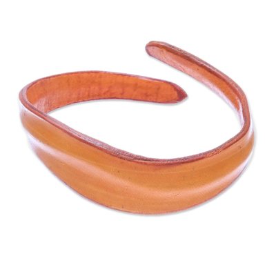 Leather wristband bracelet, 'Wavy Embrace in Saffron' - Handmade Leather Wristband Bracelet in Saffron from Thailand