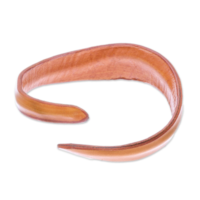Leather wristband bracelet, 'Wavy Embrace in Saffron' - Handmade Leather Wristband Bracelet in Saffron from Thailand
