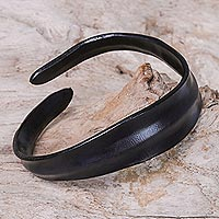 Leather wristband bracelet, 'Wavy Embrace in Black'