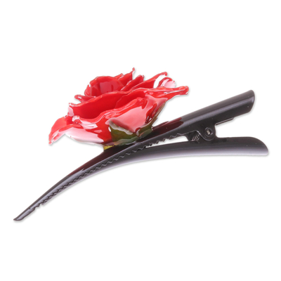 Natural rose hair clip, 'Crimson Sweetheart' - Natural Red Sweetheart Rose Hair Clip from Thailand