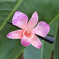 Pinza de pelo de orquídea natural, 'Pale Fuchsia Orchid Love' - Pinza de pelo de orquídea tailandesa fucsia pálido natural