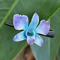 Natural orchid hair clip, 'Blue-Violet Orchid Love'