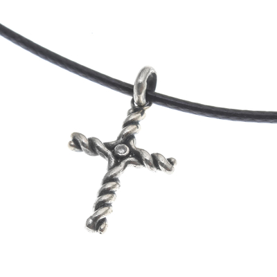 Sterling silver pendant necklace, 'Beacon Cross' - Artisan Crafted Thai Sterling Silver Cross Necklace with CZ