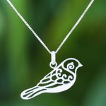 Sterling silver pendant necklace, 'Curling Feathers' - Curl Pattern Sterling Silver Bird Pendant Necklace