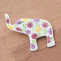 Ceramic brooch pin, 'Pretty Floral Elephant' - White Elephant Hand Painted Brooch Pin with Flowers