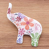Ceramic brooch pin, 'White Floral Elephant' - Hand Painted Elephant Brooch Pin with Flowers on White