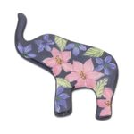 Ceramic brooch pin, 'Black Floral Elephant' - Hand Painted Elephant Brooch Pin with Flowers on Black