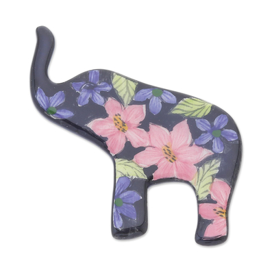 Hand Painted Elephant Brooch Pin with Flowers on Black