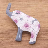 Ceramic brooch pin, 'Grey Floral Elephant' - Hand Painted Elephant Brooch Pin with Flowers on Grey