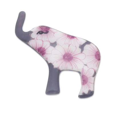 Hand Painted Elephant Brooch Pin with Flowers on Grey