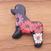 Ceramic brooch pin, 'Black Floral Poodle' - Hand Painted Black Poodle Dog Brooch Pin with Flowers