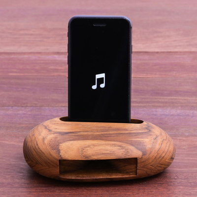 Teak wood phone speaker, 'Rock Out' - Egg-Shaped Teak Wood Phone Speaker from Thailand