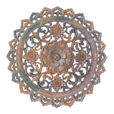 Round Floral Teak Wood Relief Panel from Thailand