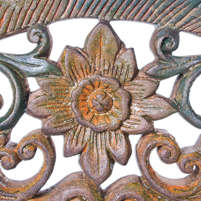 Teak wood relief panel, 'In the Garden' - Round Floral Teak Wood Relief Panel from Thailand