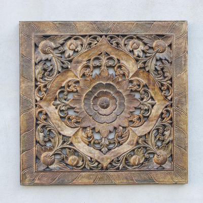 Reliefplatte aus Teakholz - Florales Teakholz-Reliefpaneel in rustikalem Braun aus Thailand