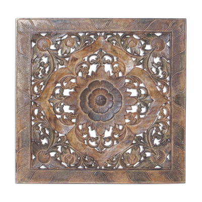 Floral Teak Wood Relief Panel in Rustic Brown from Thailand