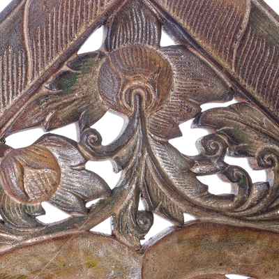 Teak wood relief panel, 'Floral Symmetry' - Floral Teak Wood Relief Panel in Rustic Brown from Thailand