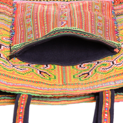 Cotton blend tote, 'Sunny Hmong' - Hmong Hill Tribe Embroidered Cotton Blend Tote from Thailand
