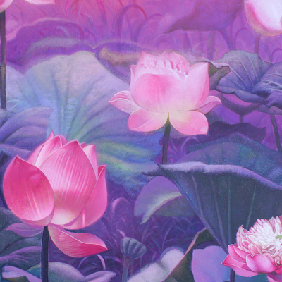 'Lotus Sunset' (2019) - Signiertes realistisches Gemälde von Lotusblumen (2019)