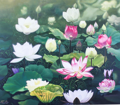 'Lotus at Dawn' (2019) - Realistisches Gemälde von rosa und weißen Lotusblumen (2019)