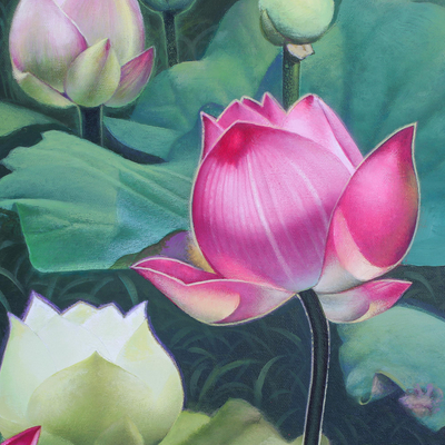 'Lotus at Dawn' (2019) - Realistisches Gemälde von rosa und weißen Lotusblumen (2019)