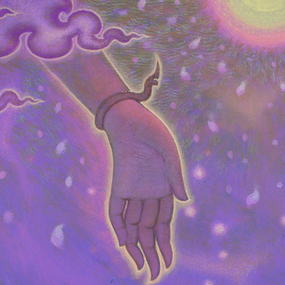 'Blessed Sky' - Hands in the Sky Signed Surrealist Painting from Thailand