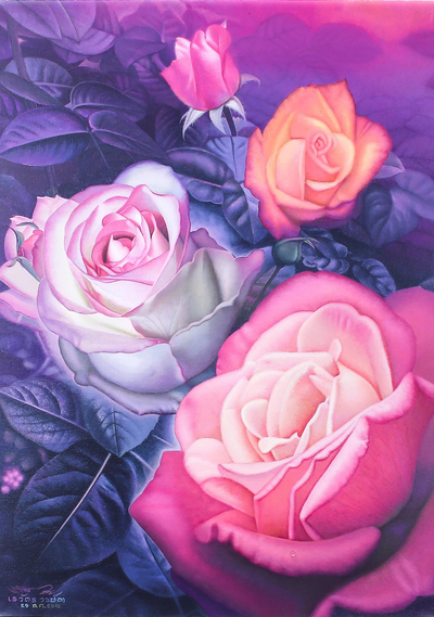 'Rose of Dream' - Signiertes Gemälde von vier Rosen aus Thailand