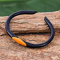 Black and Orange Leather Cuff Bracelet from Thailand,'Black-Orange Eye'
