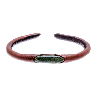 Brown and Green Leather Cuff Bracelet from Thailand