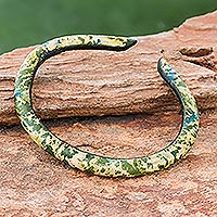 Leather cuff bracelet, 'Green-Beige Speckles' - Speckled Leather Cuff Bracelet in Green-Beige from Thailand