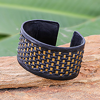 Leather and brass cuff bracelet, 'Pagoda Weave' - Brass and Black Leather Woven Cuff Bracelet from Thailand