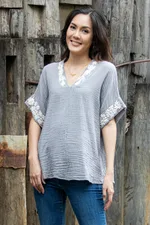 Cotton blouse, 'Classic Bloom in Ash' - Floral Embroidered Cotton Blouse in Ash from Thailand