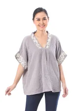 Cotton blouse, 'Classic Bloom in Ash' - Floral Embroidered Cotton Blouse in Ash from Thailand