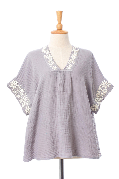 Blusa de algodón - Blusa de algodón con bordado floral en ceniza de Tailandia