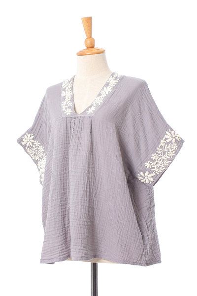 Cotton blouse, 'Classic Bloom in Ash' - Floral Embroidered Cotton Blouse in Ash from Thailand