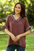 Cotton blouse, 'Classic Diamonds' - Embroidered Cotton Blouse in Mahogany from Thailand (image 2b) thumbail