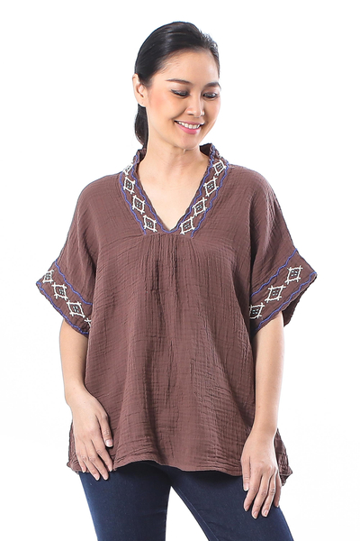 Cotton blouse, 'Classic Diamonds' - Embroidered Cotton Blouse in Mahogany from Thailand