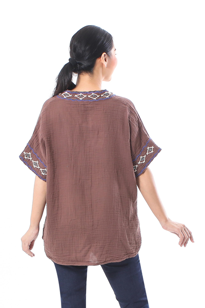 Blusa de algodón - Blusa de algodón bordada en caoba de Tailandia