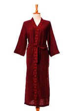 Cotton robe, 'Relaxing Sangria' - Embroidered Cotton Robe in Cerise and Strawberry