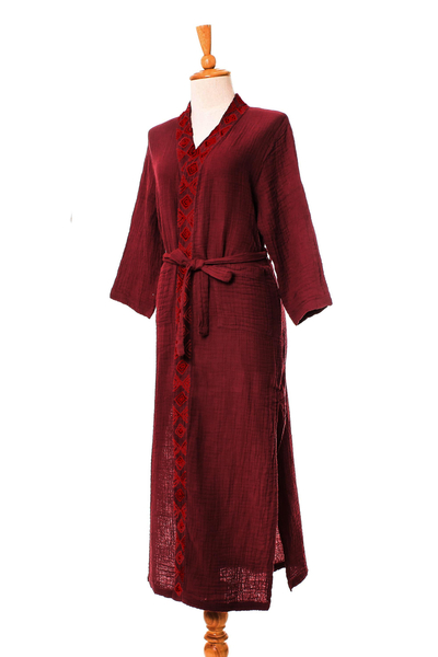 Cotton robe, 'Relaxing Sangria' - Embroidered Cotton Robe in Cerise and Strawberry